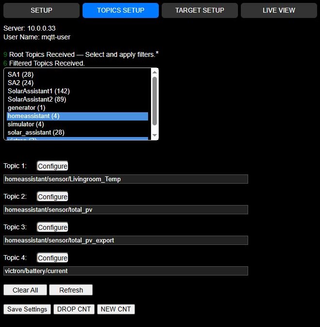 WebUI MQTT Topic Assignment and Filtering Window